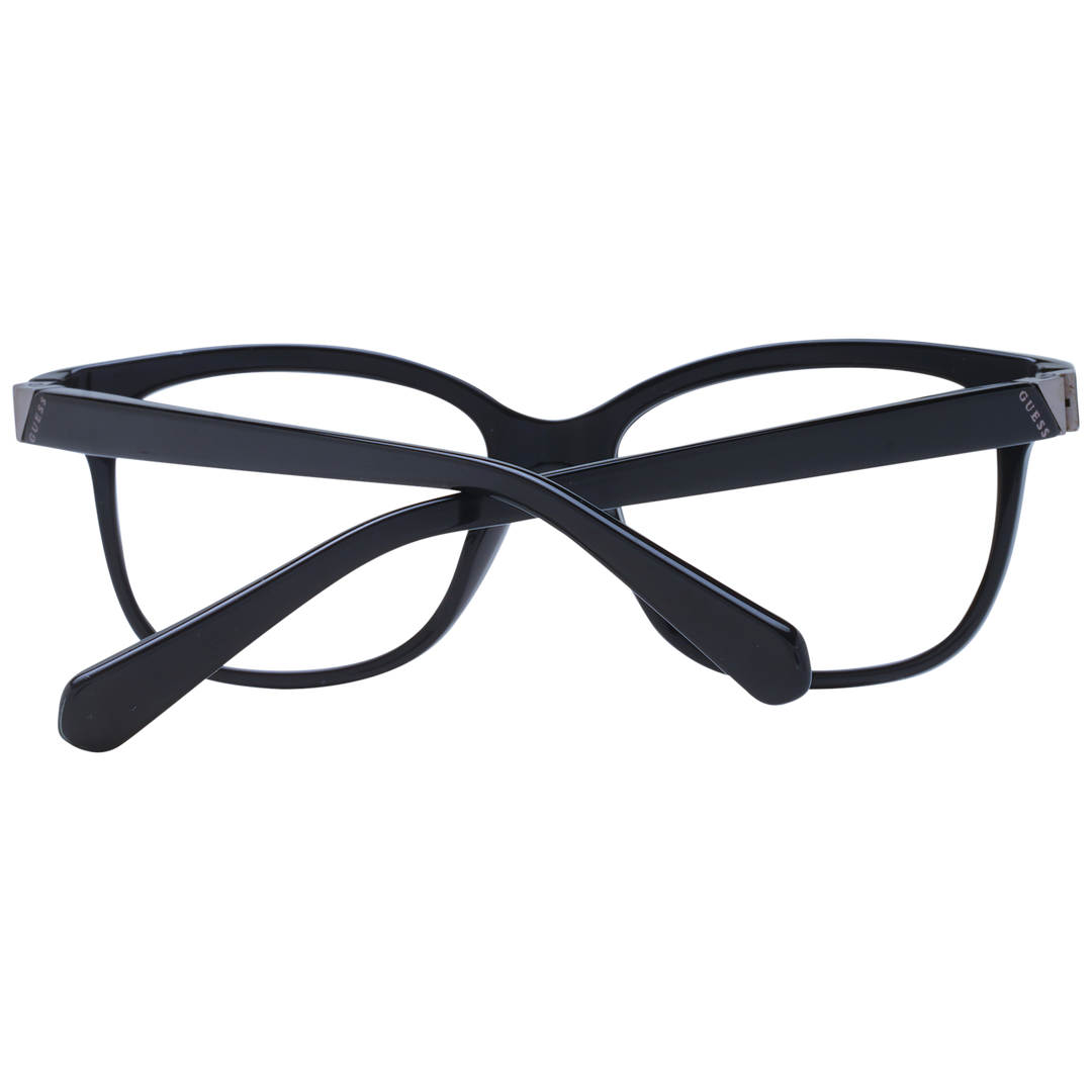 Unisex black plastic rectangular eyeglasses with full-rim frame and logo on temple, front three-quarter view