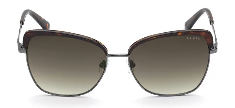 Tortoise shell square sunglasses with gradient brown lenses and metal temples, front three-quarter view