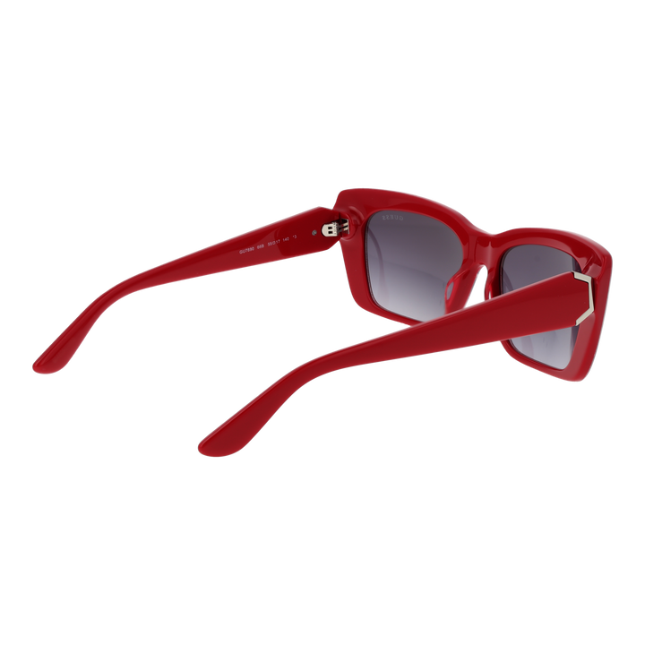 Red patterned square sunglasses in plastic with gradient lenses on neutral background, modern Women’s style