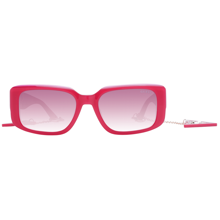 Pink square sunglasses with gradient lenses, chain on temples and logo emblem, plastic frame