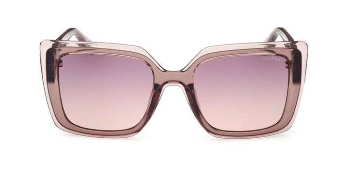 Guess oversized square sunglasses pinkish-brown frame with purple gradient lenses and logo temples
