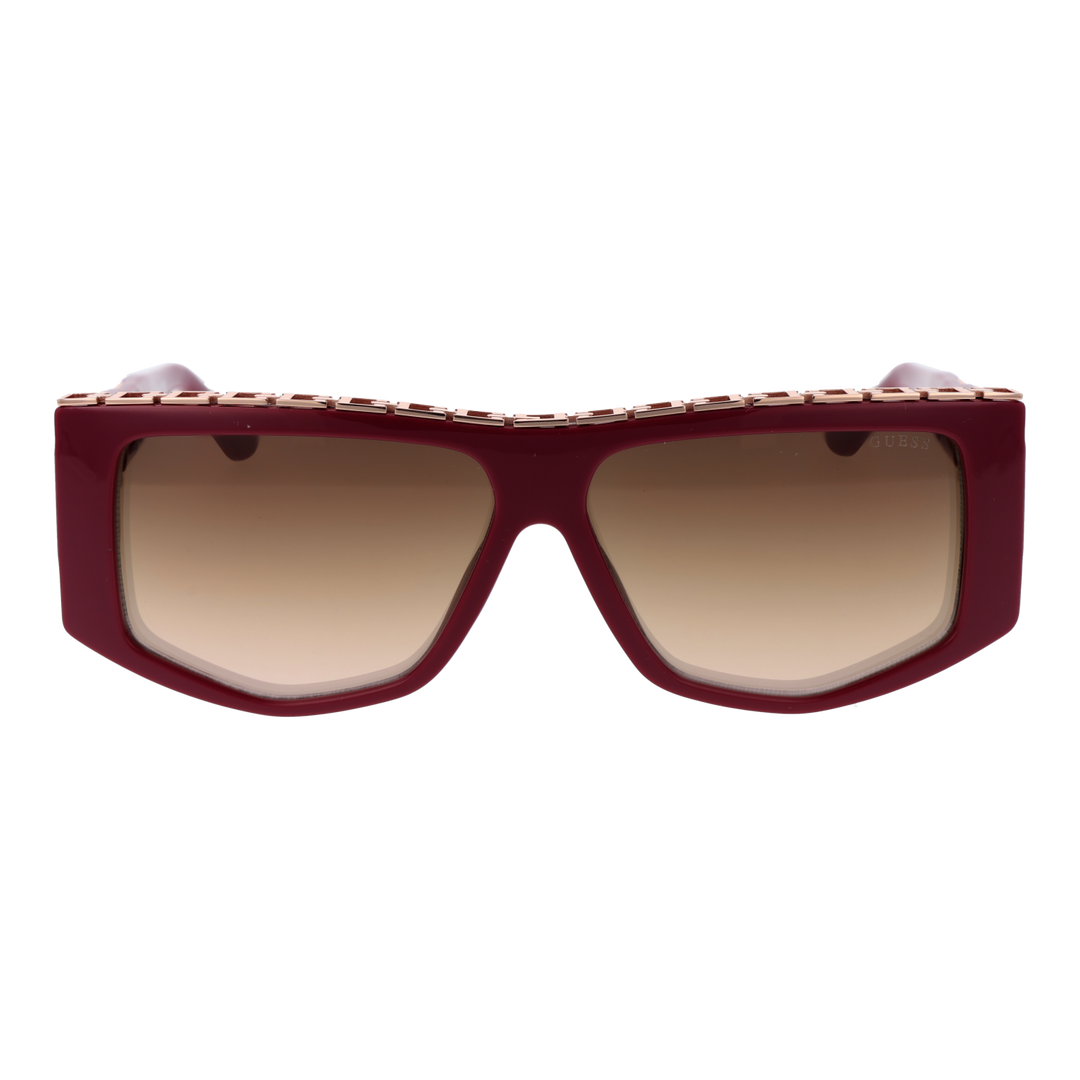 Burgundy rectangular sunglasses with gradient lenses and rose gold chain-like detail on temples
