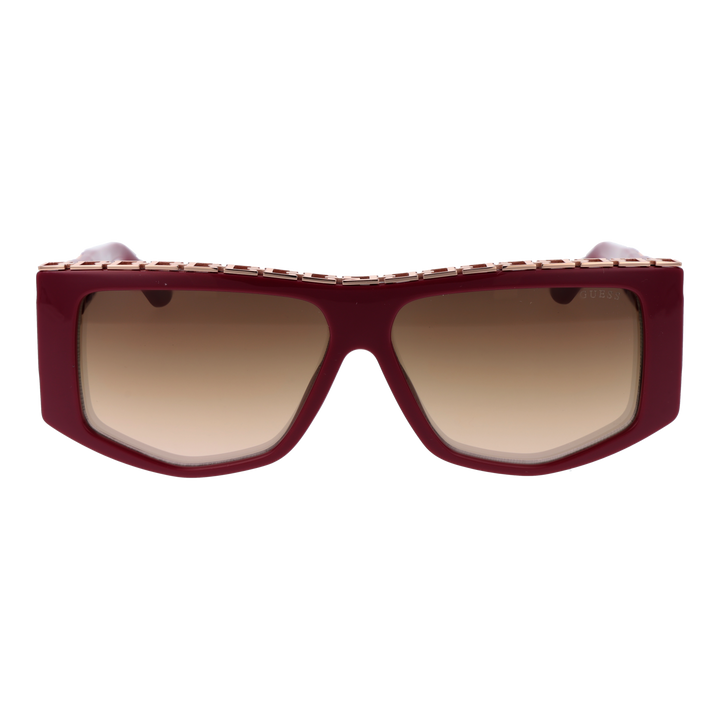Burgundy rectangular sunglasses with gradient lenses and rose gold chain-like detail on temples