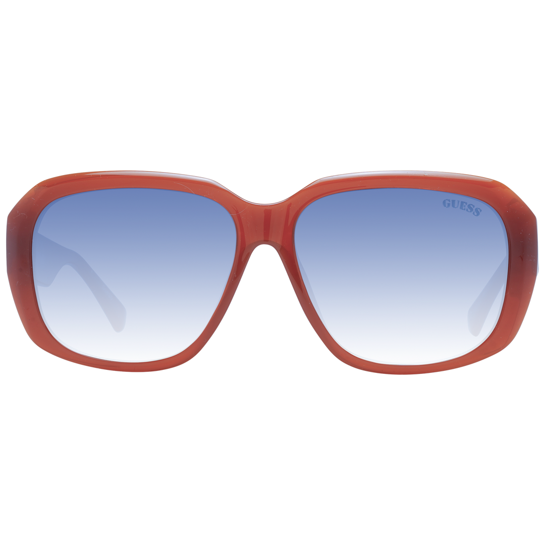 Brown plastic square sunglasses with blue gradient lenses and visible Guess logo on temple and lens