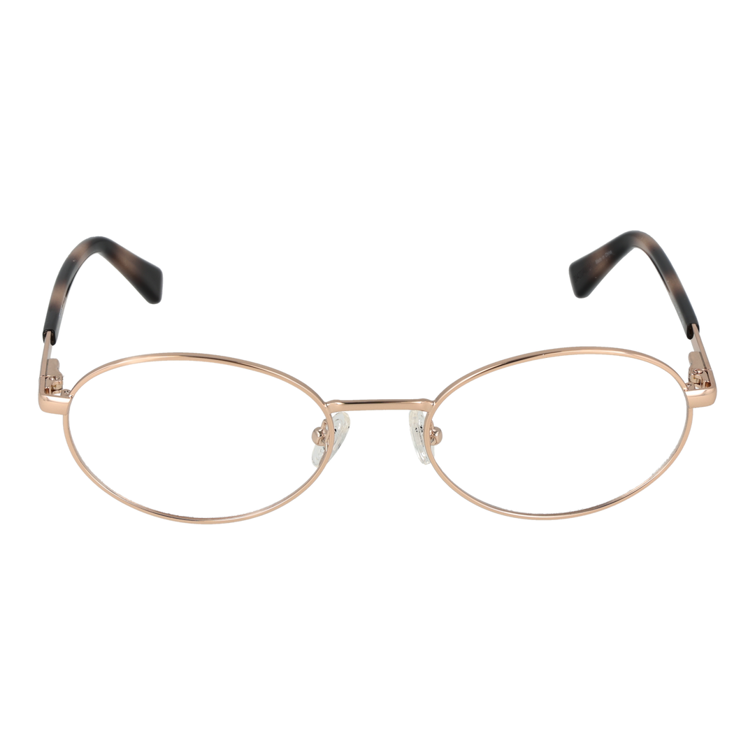 Unisex rose gold thin metal oval eyeglasses with black-brown gradient temple tips, adjustable nose pads