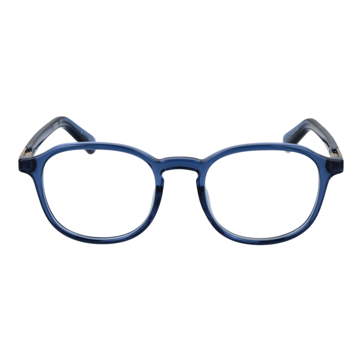 Unisex blue round plastic eyeglasses with gold decorative hinge detail, clear lenses, modern profile