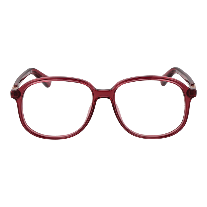 Dark red plastic square eyeglasses with transparent edges and gold hinge detail on temple