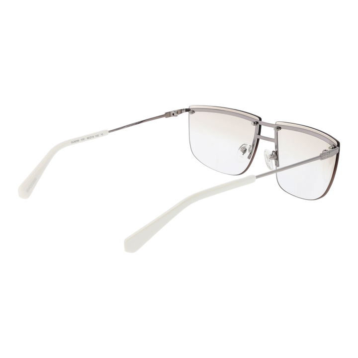 Unisex silver rimless eyeglasses with thin metal temples and adjustable nose pads on white background