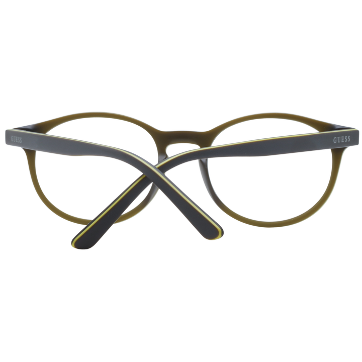 Unisex black round plastic eyeglasses with yellow accents and two silver rivets on each side of frame