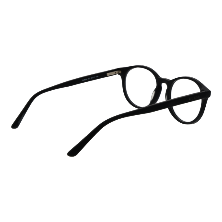 Unisex black plastic round eyeglasses with full rim and small metal dots at hinges on plain background