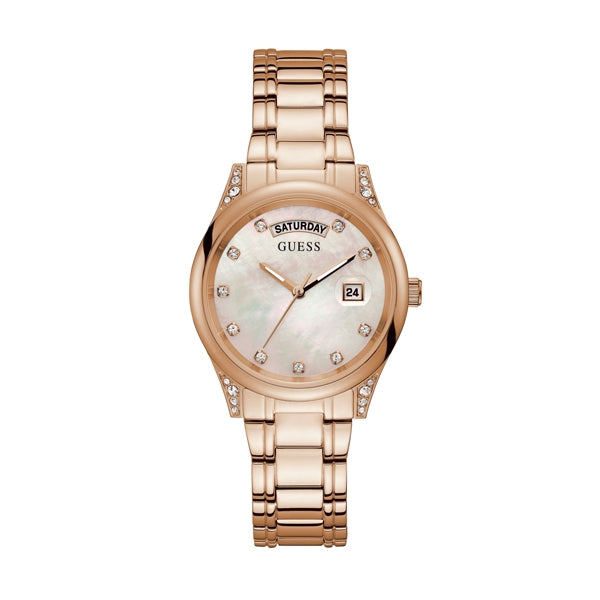 Guess rose gold wristwatch with mother-of-pearl dial and crystal hour markers on metal strap.