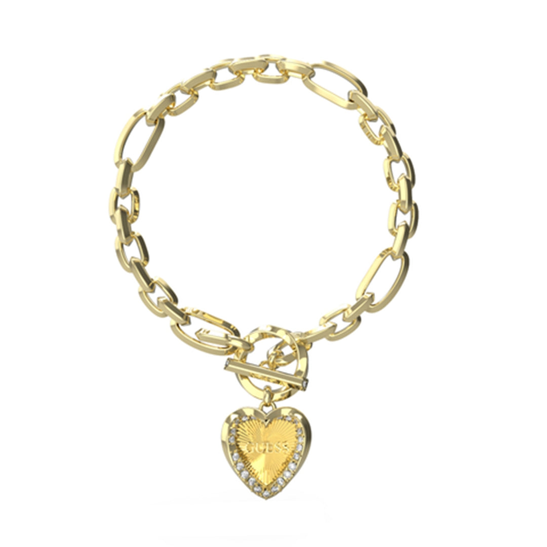 Gold chunky chain bracelet with heart pendant encrusted in rhinestones and toggle clasp on wrist