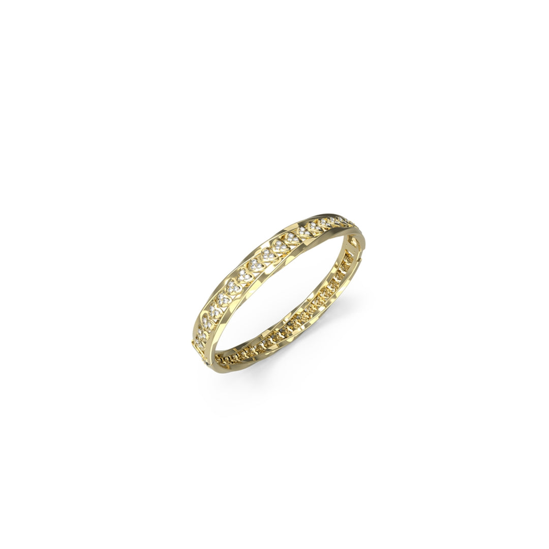 Gold-tone metal eternity ring with row of clear stones set around the band on neutral background