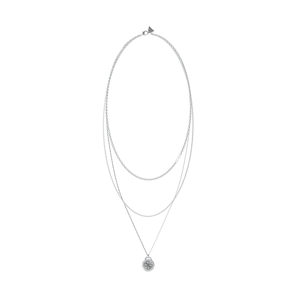 Silver layered necklace on a neutral background featuring dual chains and a round pendant