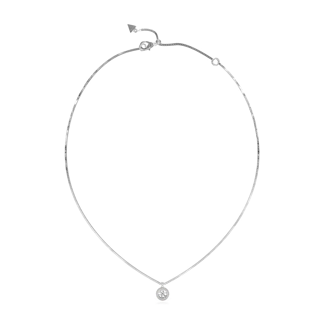 Minimalist silver chain necklace with round pendant on a neutral background, clasp visible