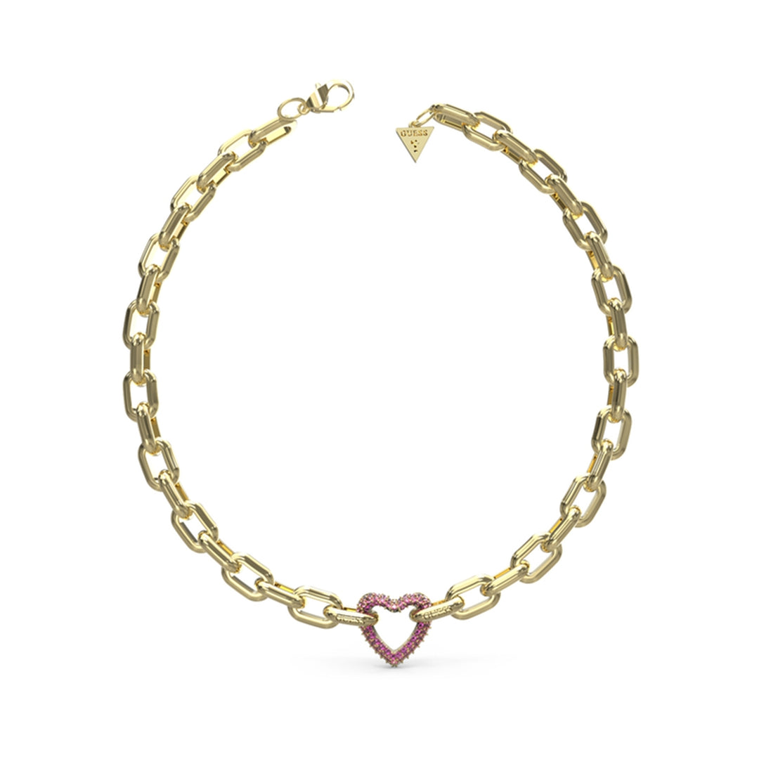 Gold chunky chain necklace with heart-shaped pink stone charm and small triangular charm on lobster clasp