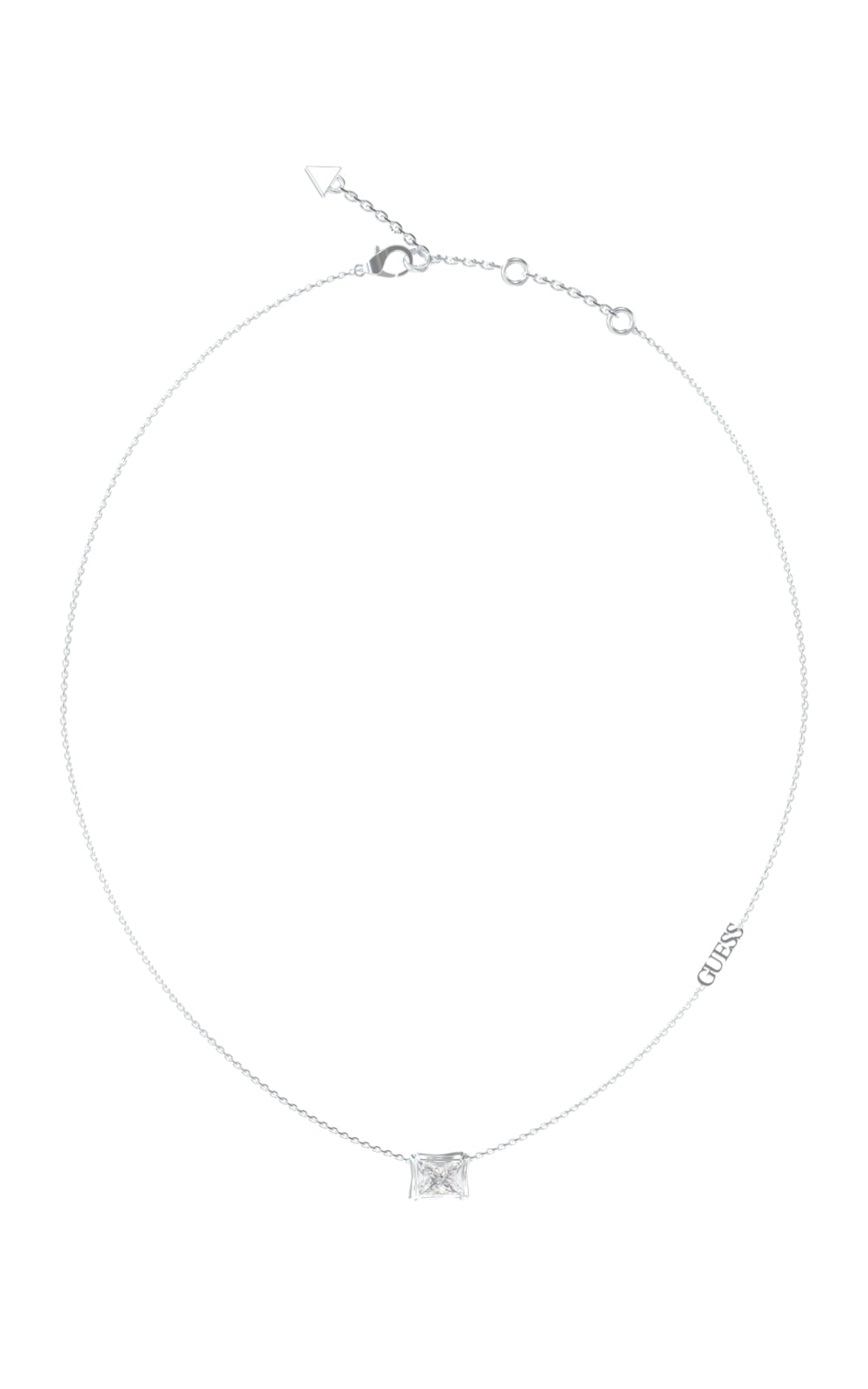 Silver chain necklace with centered square pendant and small GUESS logo charm on adjustable clasp