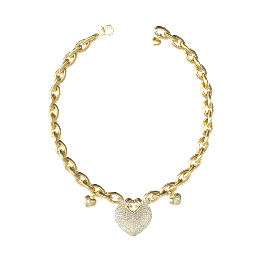 Gold chunky chain necklace with multiple heart charms and pavé central heart on model