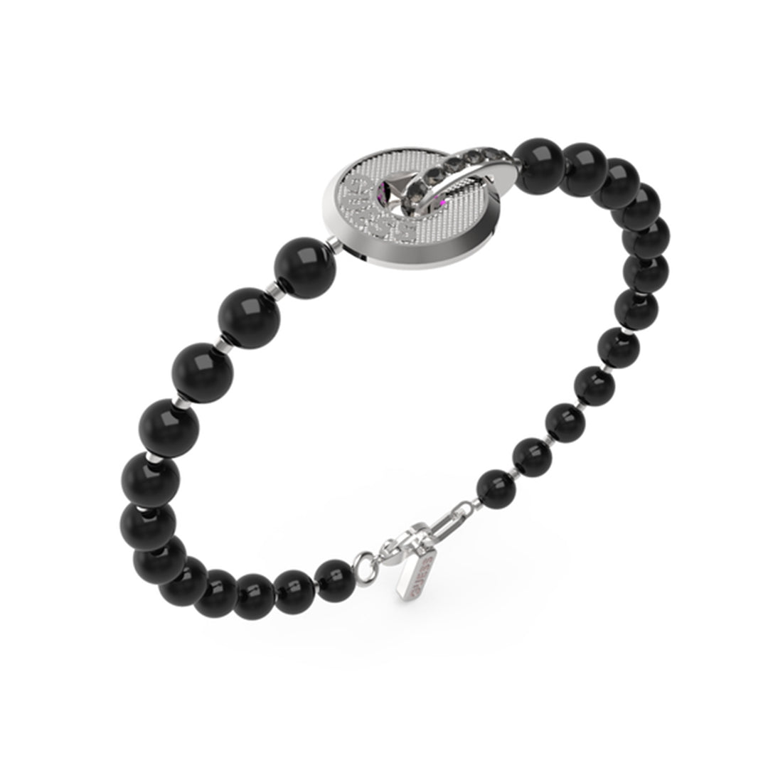 Unisex black beaded bracelet with silver decorative stone ring and metal clasp on neutral background