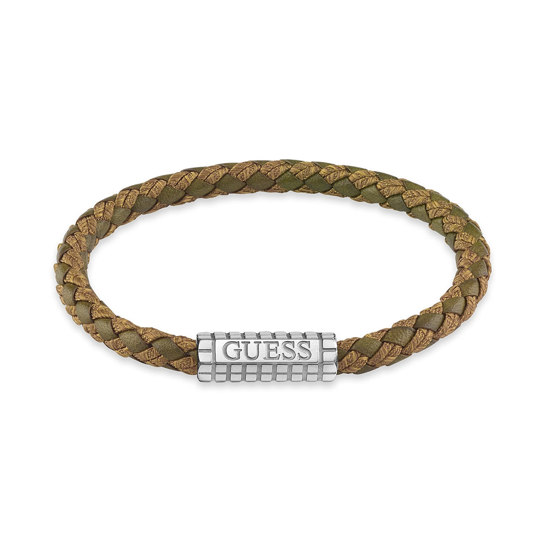 Braided brown and olive leather bracelet with silver metal clasp on neutral background