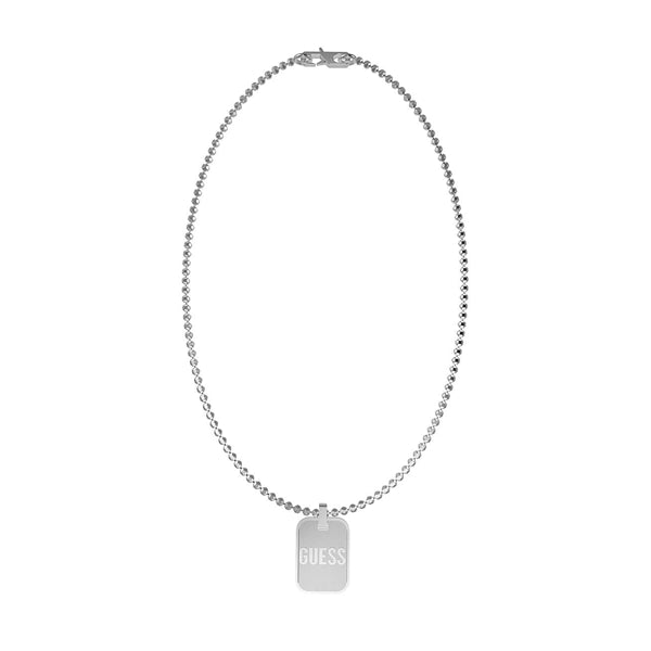 Silver rectangular pendant on ball-link chain laying on neutral background, close-up showing polished finish