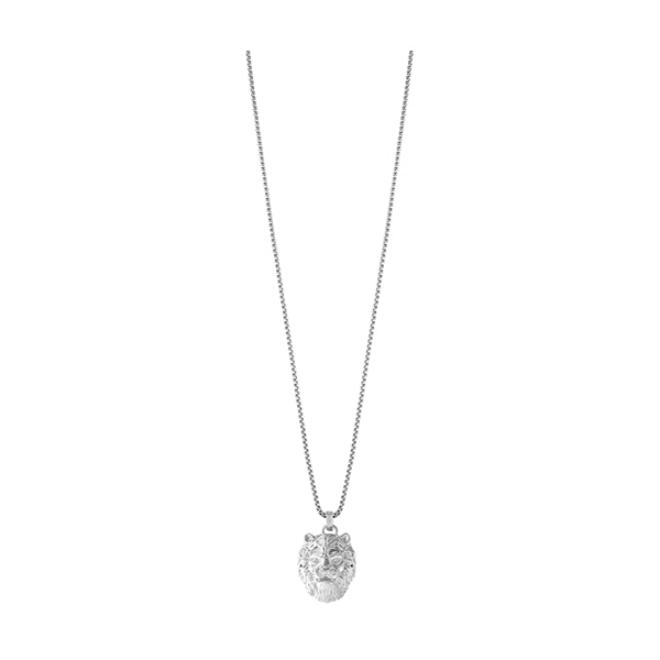 Silver metal pendant necklace featuring detailed lion head on substantial chain for Man