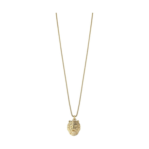 Gold-toned necklace featuring a sculpted lion head pendant on a substantial chain, displayed against neutral background.