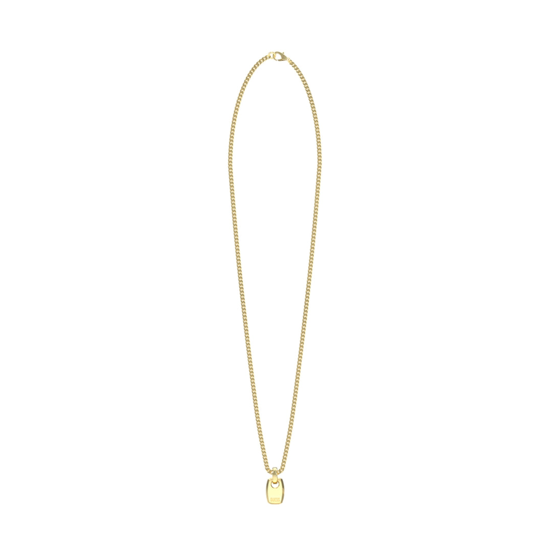 Gold-tone chain necklace with centered sculpted pendant on neutral background, shown flat