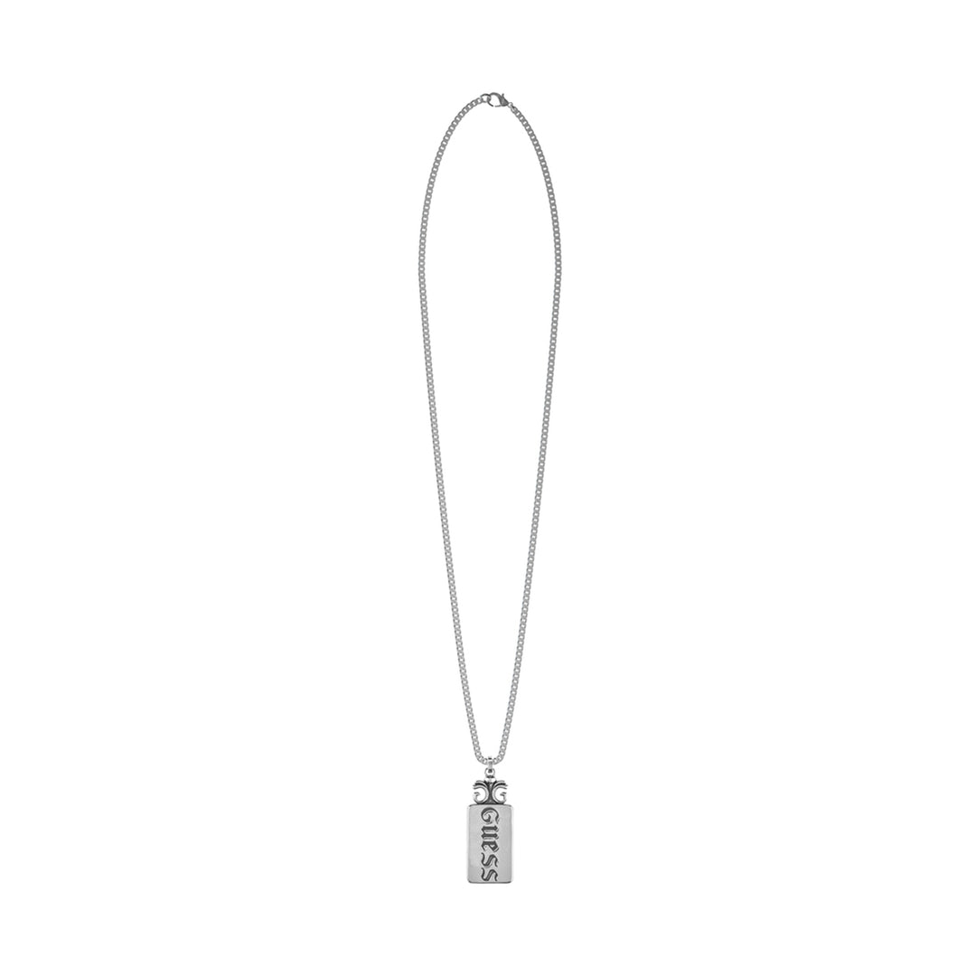 Silver metal pendant necklace for Man featuring rectangular pendant on medium chain with lobster clasp