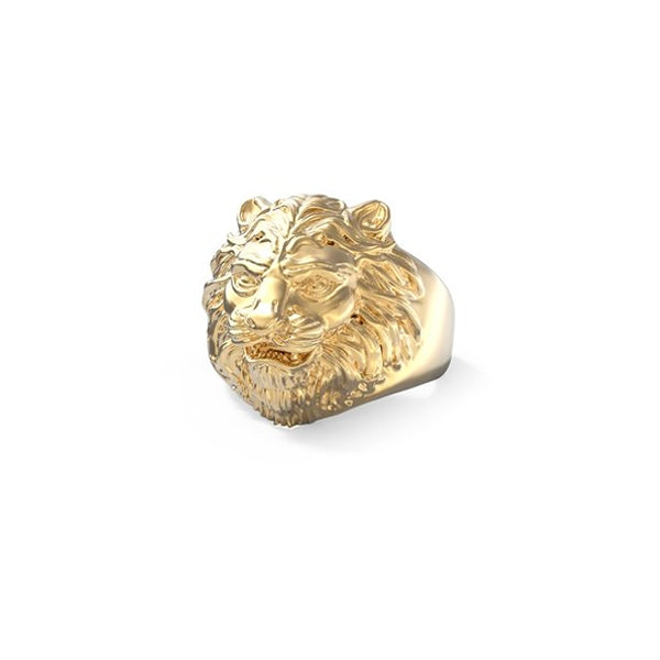 Gold signet ring for Man featuring sculpted lion head, detailed facial features and textured mane on polished band