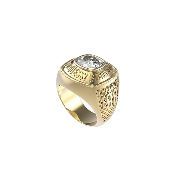 Gold signet ring for Man featuring large clear gemstone, engraved text, and textured sides on metal band