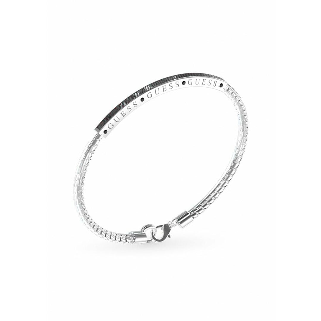 Polished silver chain bracelet with central engraved branded link and secure clasp, unisex accessory