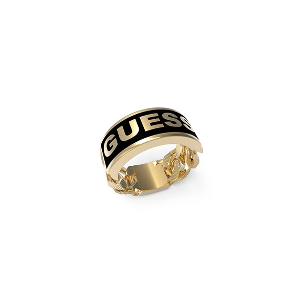 Gold-toned wide band ring with chain link pattern on neutral background, bold modern design
