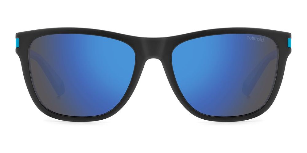 Unisex black and white wayfarer sunglasses with blue mirrored polarized lenses and logoed temple, front three-quarter view.