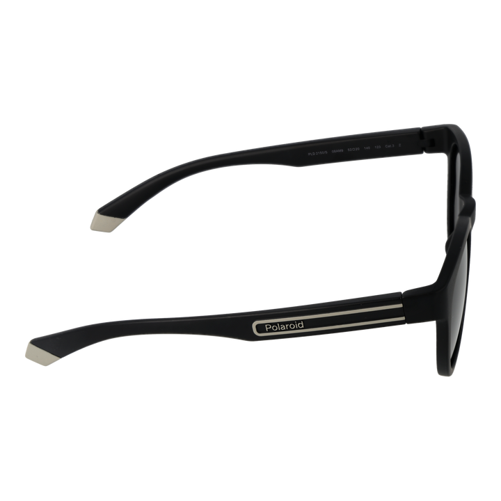 Black Unisex round sunglasses in plastic frame with polarized lenses and silver temple stripes, angled view showing logo