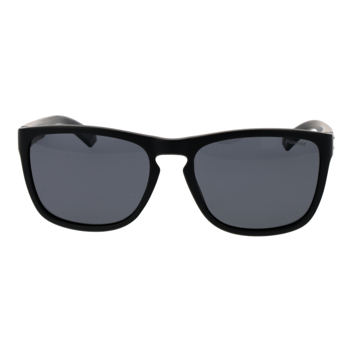 Black rectangular sunglasses on neutral background showing polarized lenses and two horizontal temple stripes