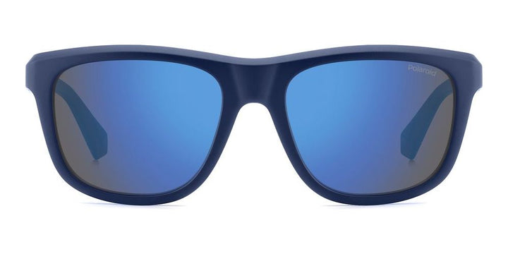 Blue rectangular sport sunglasses with mirrored polarized lenses and lightweight polycarbonate frame for Man