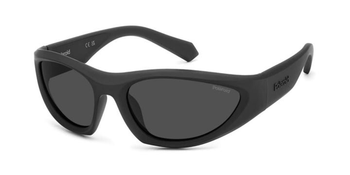 Unisex black wrap-around sport sunglasses with plastic frame and polarized lenses, shown at a slight angle