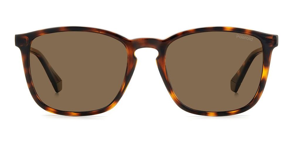 Tortoiseshell full-rim square sunglasses with brown polarized lenses on white background