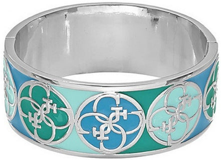 Silver chain bracelet patterned with circular Guess logos and blue-green turquoise accents on glossy metal