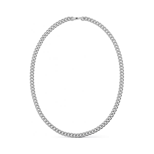 Silver metal chain necklace for Man showing uniform links and a secure clasp on neutral background