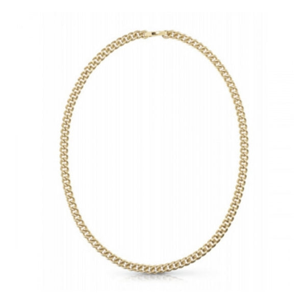 Gold metal chain necklace with substantial links and a secure clasp displayed on neutral background
