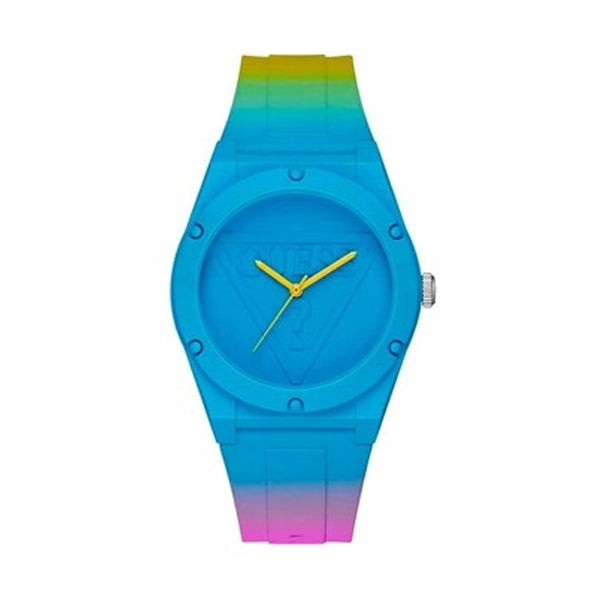 Unisex wristwatch with blue-yellow-pink gradient dial, resin case and silicone strap