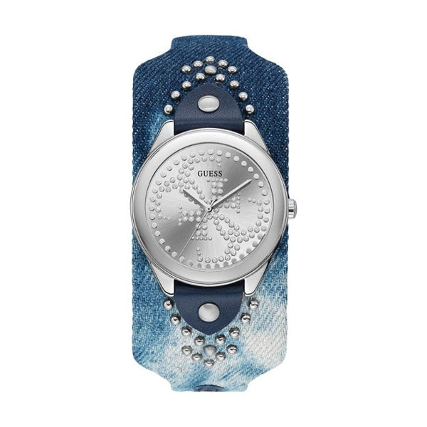 Silver dial stainless steel wristwatch with blue gradient fabric strap and decorative studs