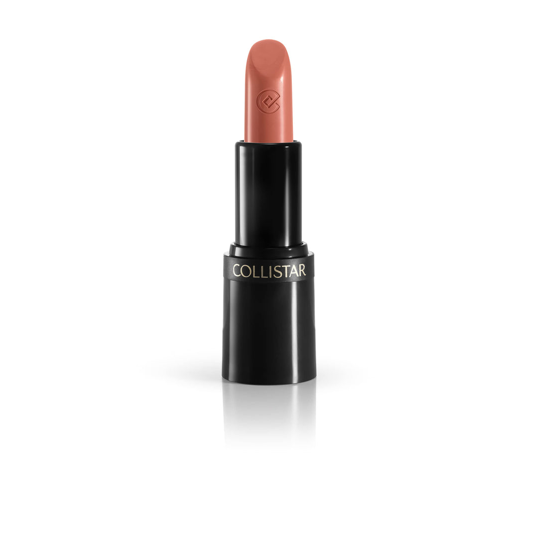 Rosy peach creamy lipstick in black recyclable tube, angled tip visible, 3.5 g