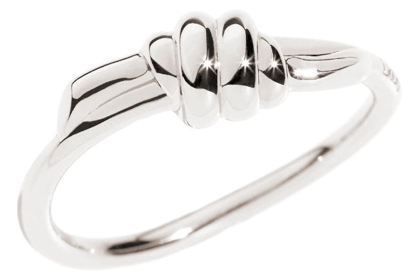 Close-up of a silver-tone polished knot ring on neutral background, minimalist sculpted design
