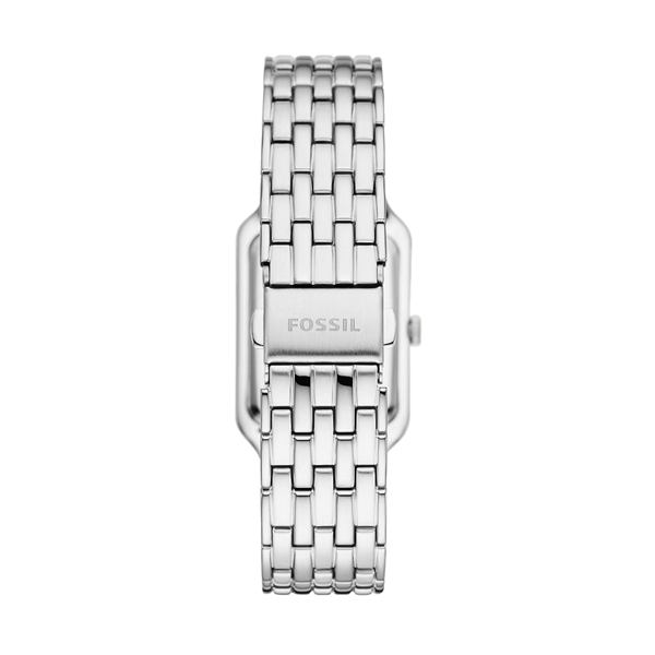 Silver rectangular Fossil watch with mother-of-pearl dial and crystal accents on stainless steel bracelet