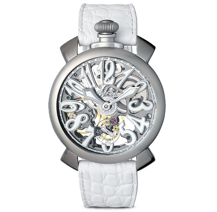 Silver stainless steel watch with white leather strap, white and silver dial, large numerals, crown at 12 o&