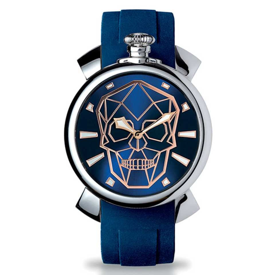Blue-dial wrist watch with silver case, rose gold skull hands, blue silicone strap