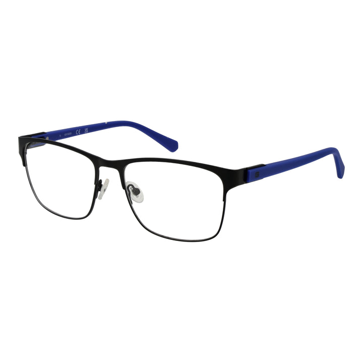 Unisex black and blue rectangular full-rim eyeglasses with thin metal frame and nose pads on white background